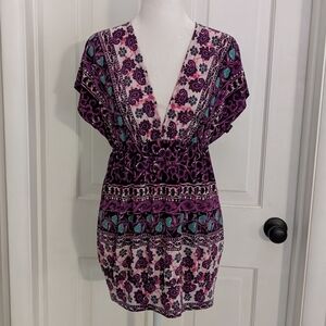 Vintage‎ FANG Womens Y2K Tunic Top MEDIUM Fairy Boho Hippie Deep Plunge Tie Back